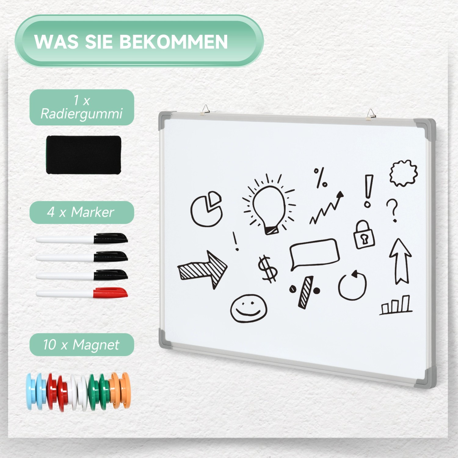 HOMCOM Whiteboard mit Zubehör: Tafel, 4 Marker, Radiergummi und 10 Magnete.