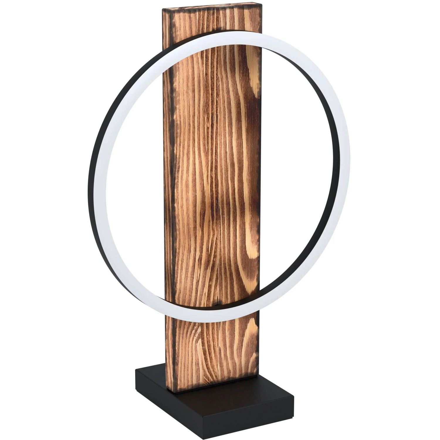 Rustikale LED-Tischleuchte Boyal in Schwarz und Braun mit Holz- und Metalldesign.