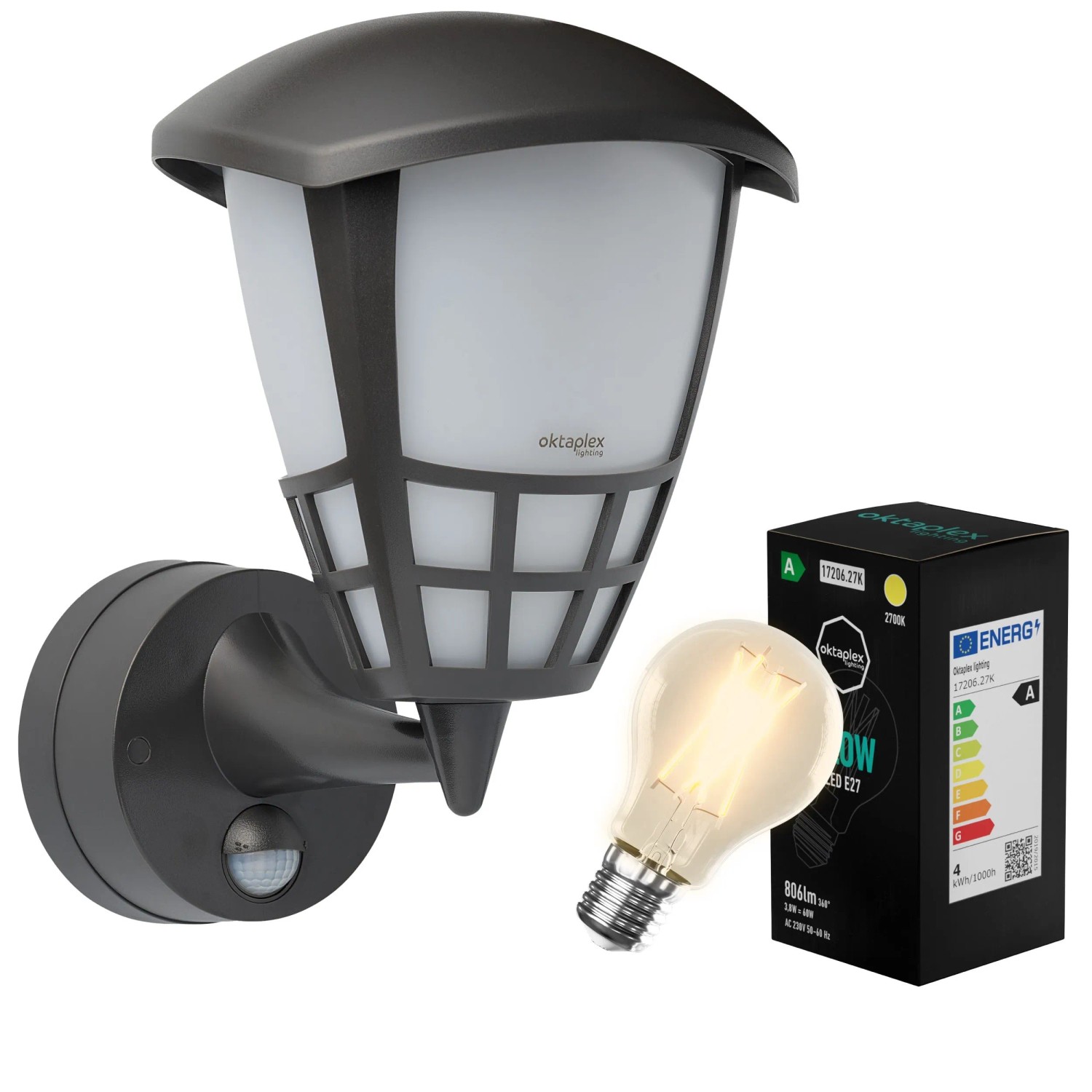 Oktaplex Bel Motion Außenleuchte mit Bewegungsmelder inkl. E27 LED-Leuchtmittel Warmweiß 2700K IP54 Laterne Anthrazit