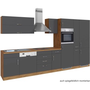 Moderne Held Möbel Küchenzeile Sorrento, 360 cm, Anthrazit und Wotaneiche Dekor mit E-Geräten.