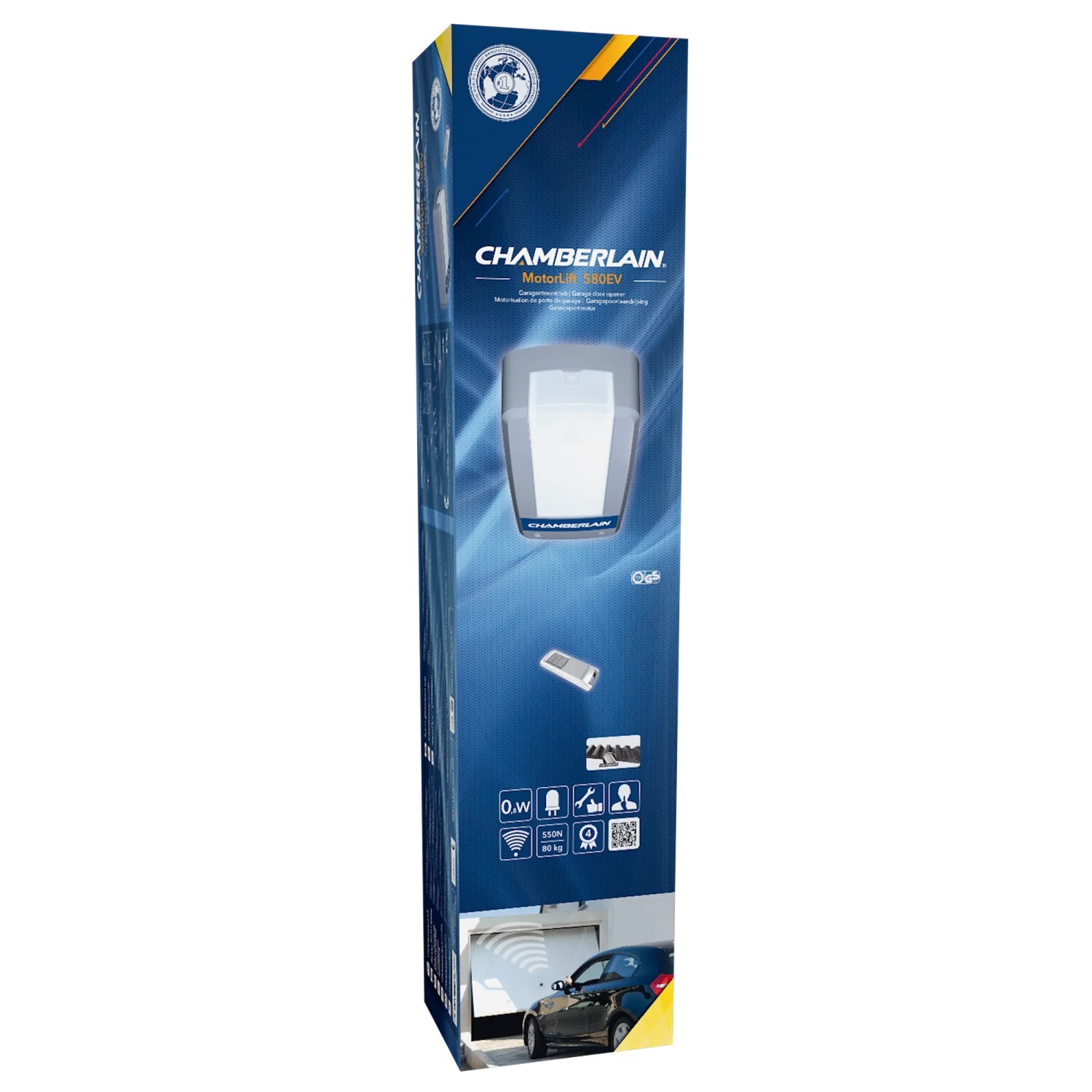 Verpackung des Chamberlain Garagentorantrieb ML580EV 550N mit Fernbedienung.