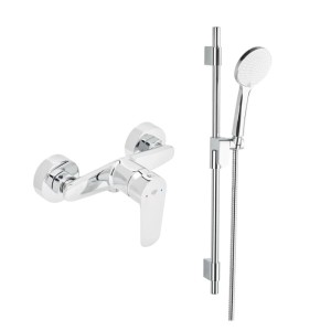 Chrom Duscharmatur Einhebel mit Duschstange, Handbrause und Brauseschlauch. Komplettset für Bad und Dusche.
