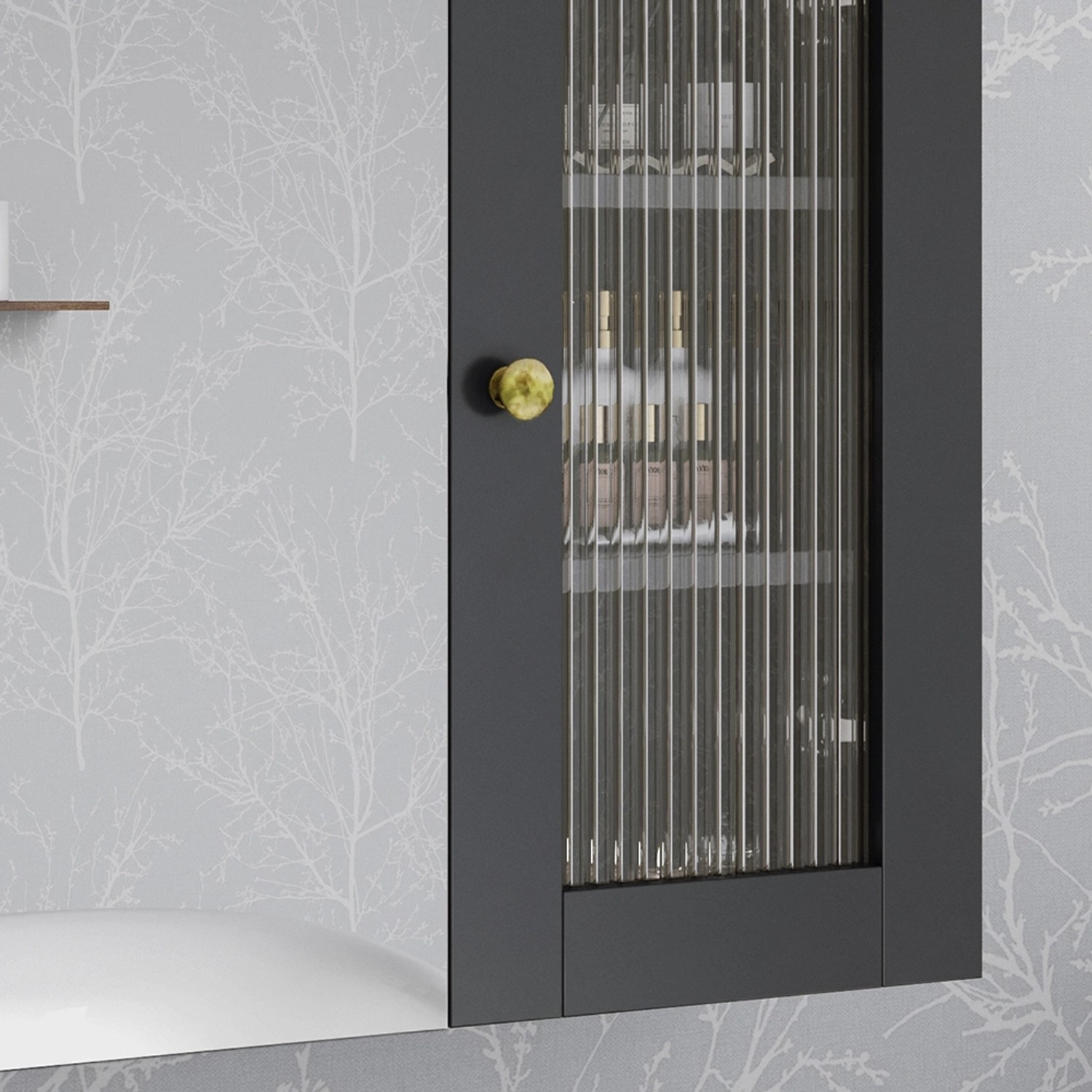 Vicco Badspiegelschrank Malte, grau, 60x50 cm, mit geriffelter Glastür und goldenem Knauf.