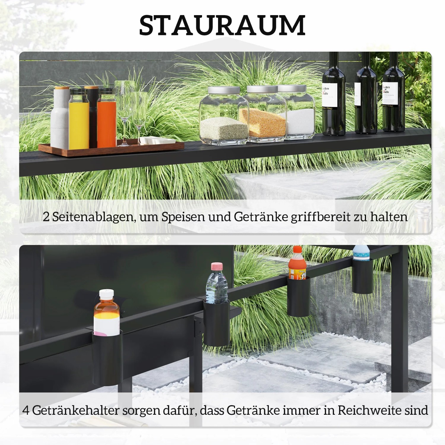 Outsunny Grillpavillon: Ablageflächen und Getränkehalter für Grillzubehör und Getränke.
