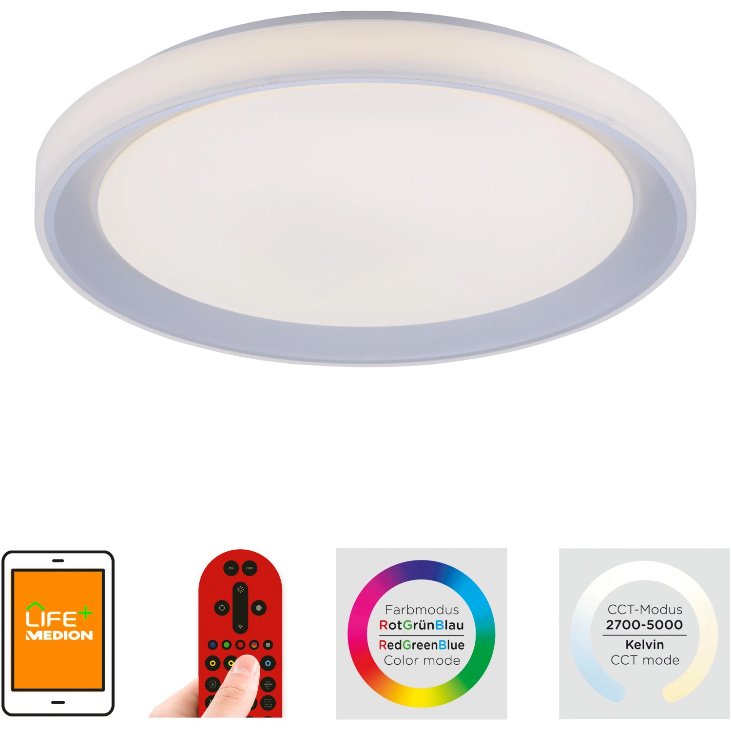 LED-Deckenleuchte LolaSmart-Leni Silber, Ø 51cm, mit Fernbedienung und App-Steuerung.