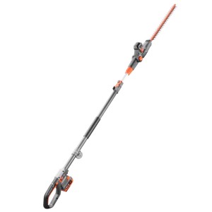 FUXTEC 20V Akku-Hochheckenschere mit langem Teleskopstiel, orangefarbenem Schneidblatt und Akku.