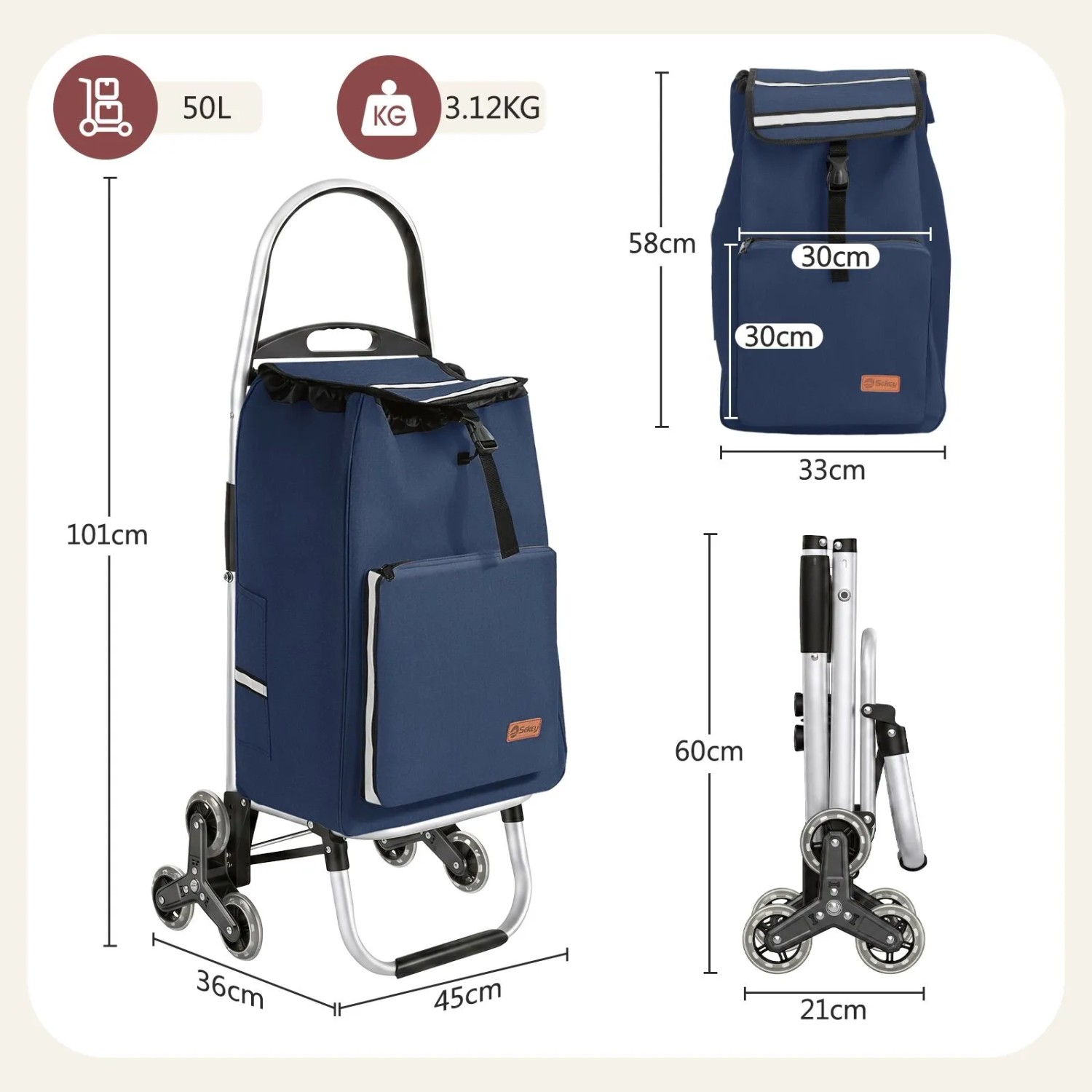 Sekey Einkaufstrolley, blau, 50L, mit Kühlfach und Treppensteiger-Funktion, zusammengeklappt und offen dargestellt.