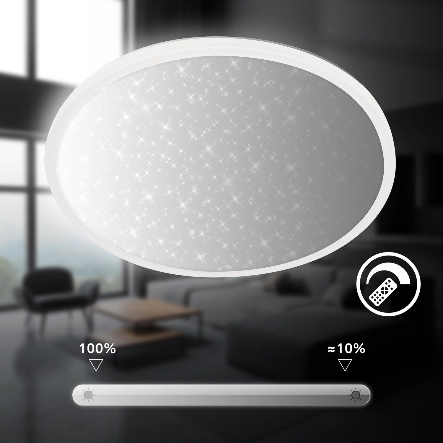 Dimmbares, weißes Brilo LED-Panel Slim Sternenhimmel, eine moderne LED-Deckenleuchte mit Sterneneffekt.