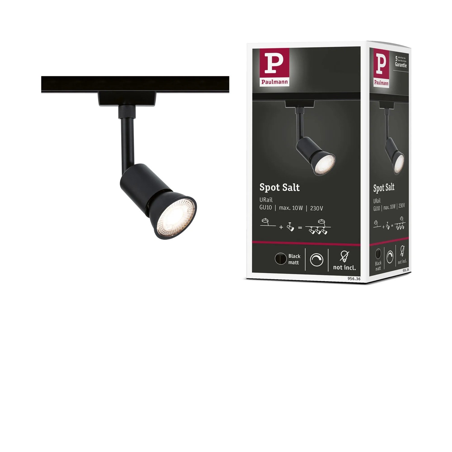 Paulmann URail Schienenspot Salt schwarz matt, beleuchtet, an Schiene, mit Verpackung. Flexibles LED-Licht.