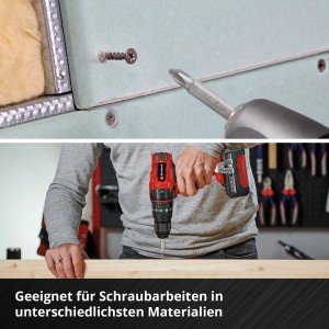 Einhell Bit- und Steckschlüssel-Set im Einsatz: Schrauben in Trockenbauwand und Holz mit Akkuschrauber.