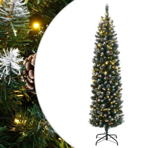 Schlanker künstlicher Weihnachtsbaum, 180 cm, grün mit Kunstschnee, Zapfen & warmweißen LEDs auf schwarzem Ständer.