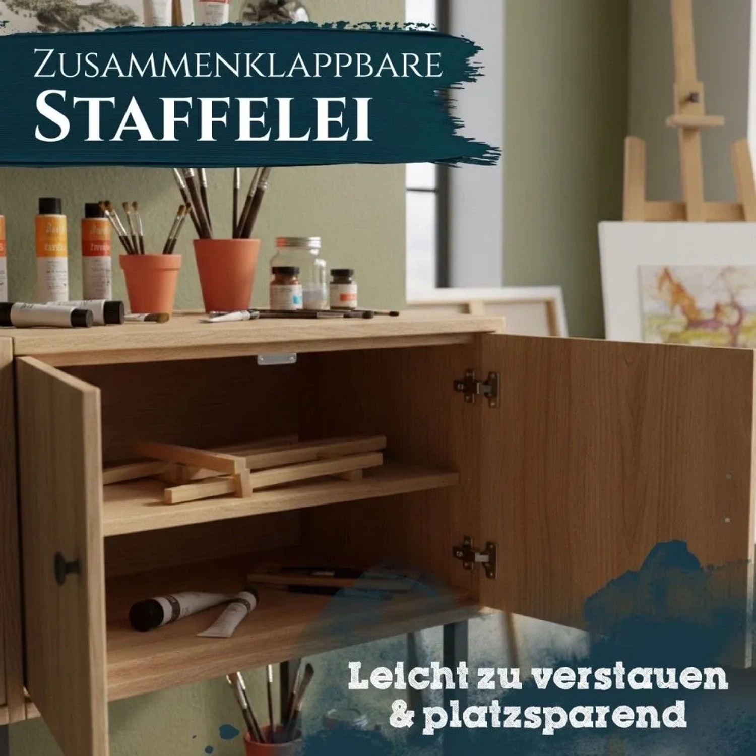 Artina Manchester Tischstaffelei 2er Set im Schrank, mit Malutensilien.