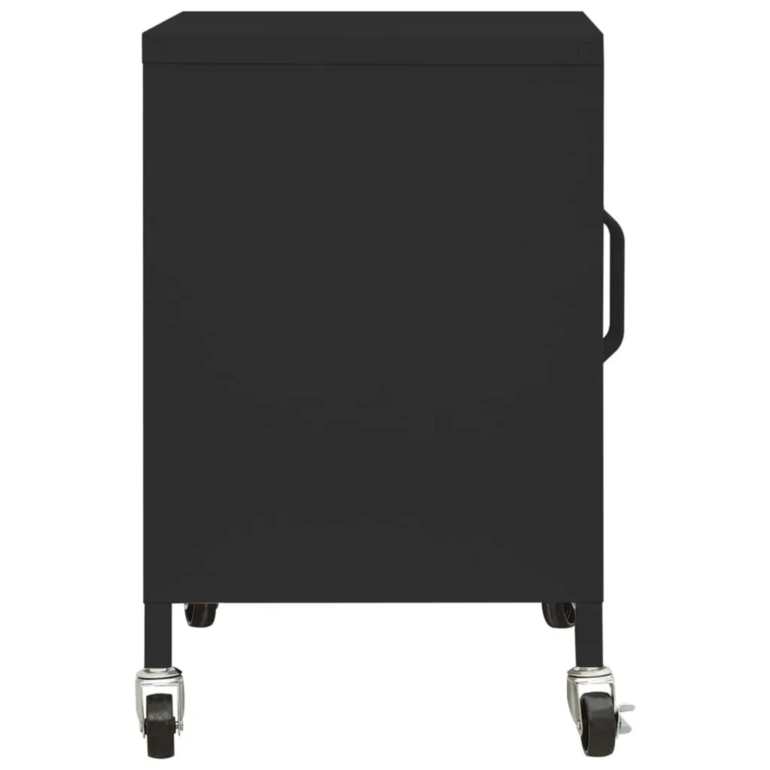 Schwarzer vidaXL Lagerschrank aus Stahl, 60x35x56 cm, mit Rollen und verstellbarem Einlegeboden.