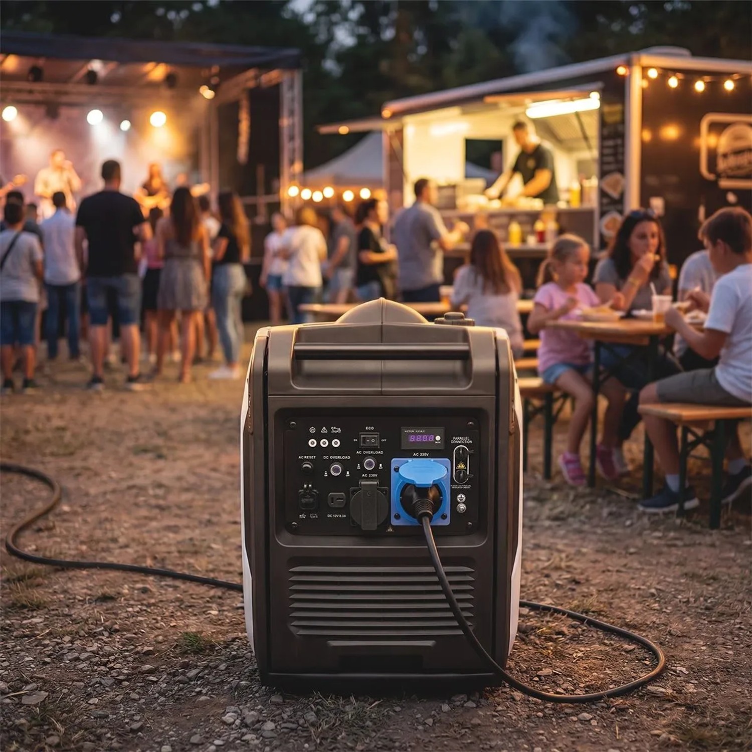 STAHLWERK IG 5500 ST Stromgenerator mit blauem Stecker auf Event-Gelände. Leistungsstarker 5,5 kW Benzin Inverter Generator.