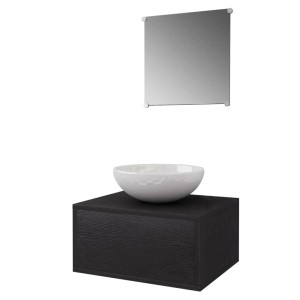 vidaXL Badmöbel-Set, 3-teilig, schwarz: Waschtischunterschrank, Spiegel und Waschbecken.