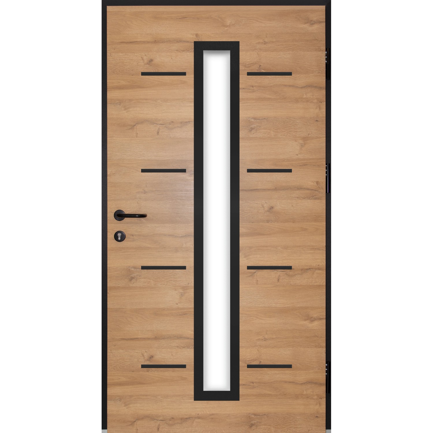 Splendoor Haustür ThermoSpace Milano Prime in Eiche natur mit Glaseinsatz und schwarzem Rahmen.
