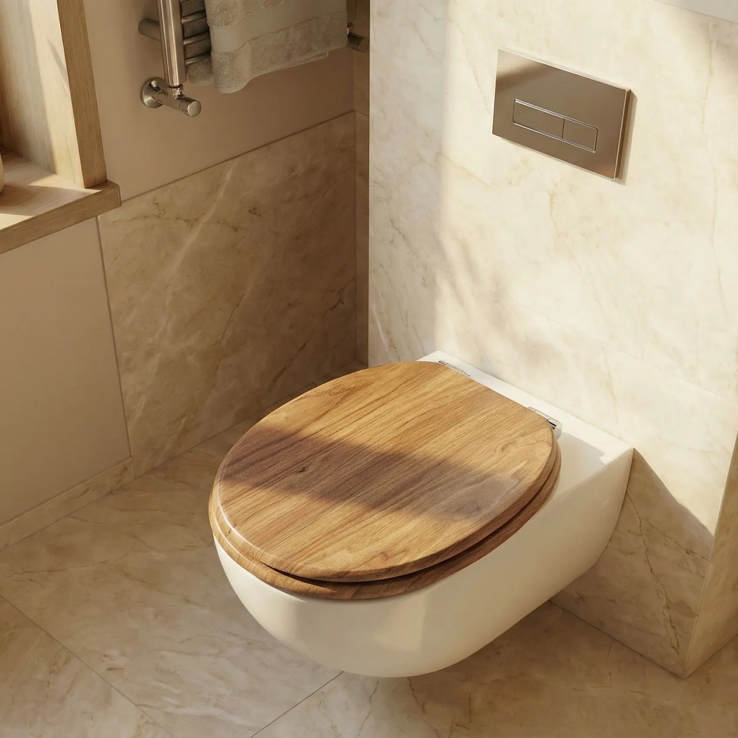WC-Sitz mit Holzmaserung, Absenkautomatik und Metallscharnieren. Moderner Sinobath Toilettensitz im Bad.