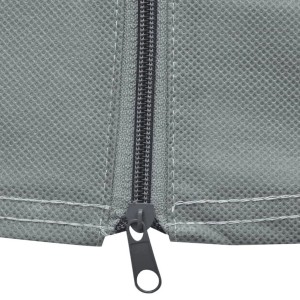 Detailaufnahme: Graue Wohnwagen Abdeckung (vidaXL) mit Reißverschluss. Schutz vor Frost und Witterung.