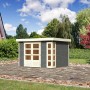 Terragraues Karibu Holz-Gartenhaus Sölve mit Flachdach und Doppeltür. Ideal als Gerätehaus.