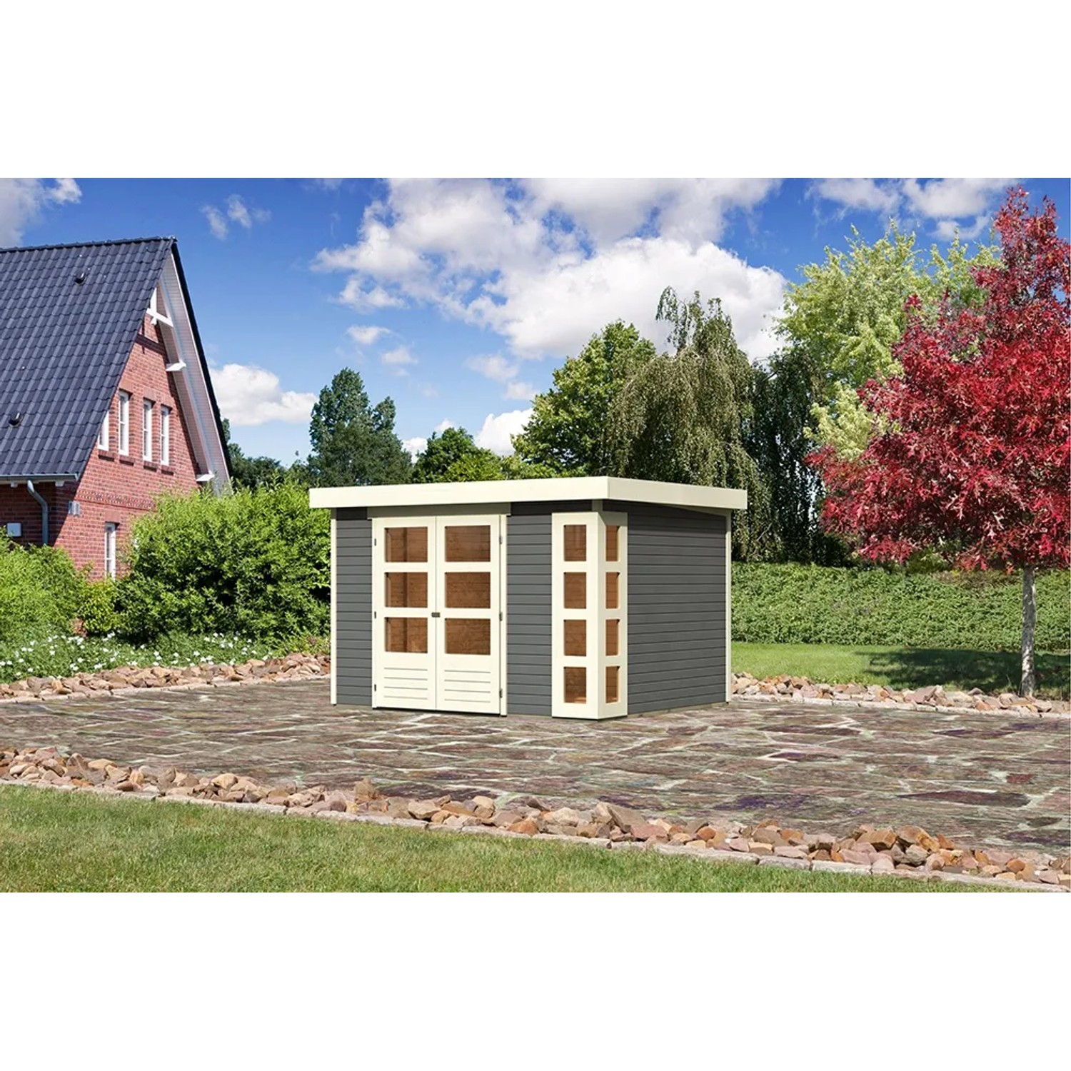 Terragraues Karibu Holz-Gartenhaus Sölve mit Flachdach und Doppeltür. Ideal als Gerätehaus.