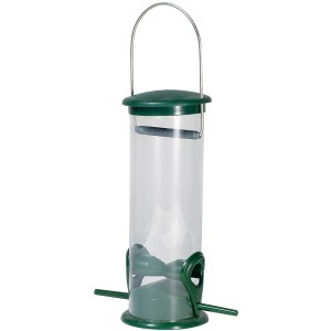 Kunststoff-Futtersäule für Vögel, transparent mit grünen Elementen und Aufhängevorrichtung.