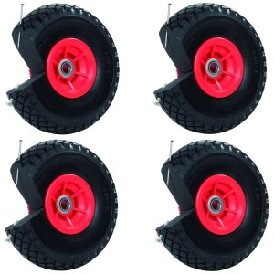 Vier pannensichere TRUTZHOLM Sackkarrenräder, 260x85mm, mit roter Felge und Nägeln im PU-Schaum.