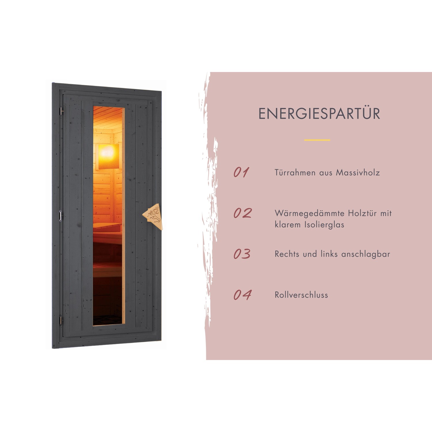 Karibu Saunahaus Arvi 0 Tür, Terragrau, mit Isolierglas-Fenster für Saunahäuser.