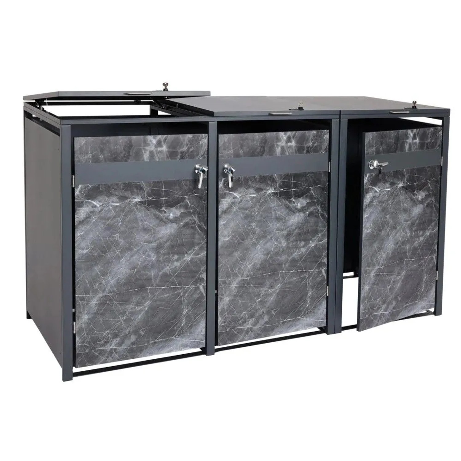 MCW 3er Mülltonnenverkleidung J82 Marmor-Optik Dunkel 117x200x80cm