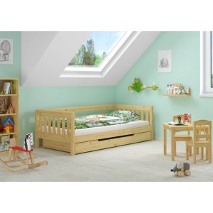Erst-Holz Gemütliches Kinderbett mit Dreiseitiger Sicherung 90 x 200 cm Kiefer Modell 29 Rollrost und Bettkasten inkl.