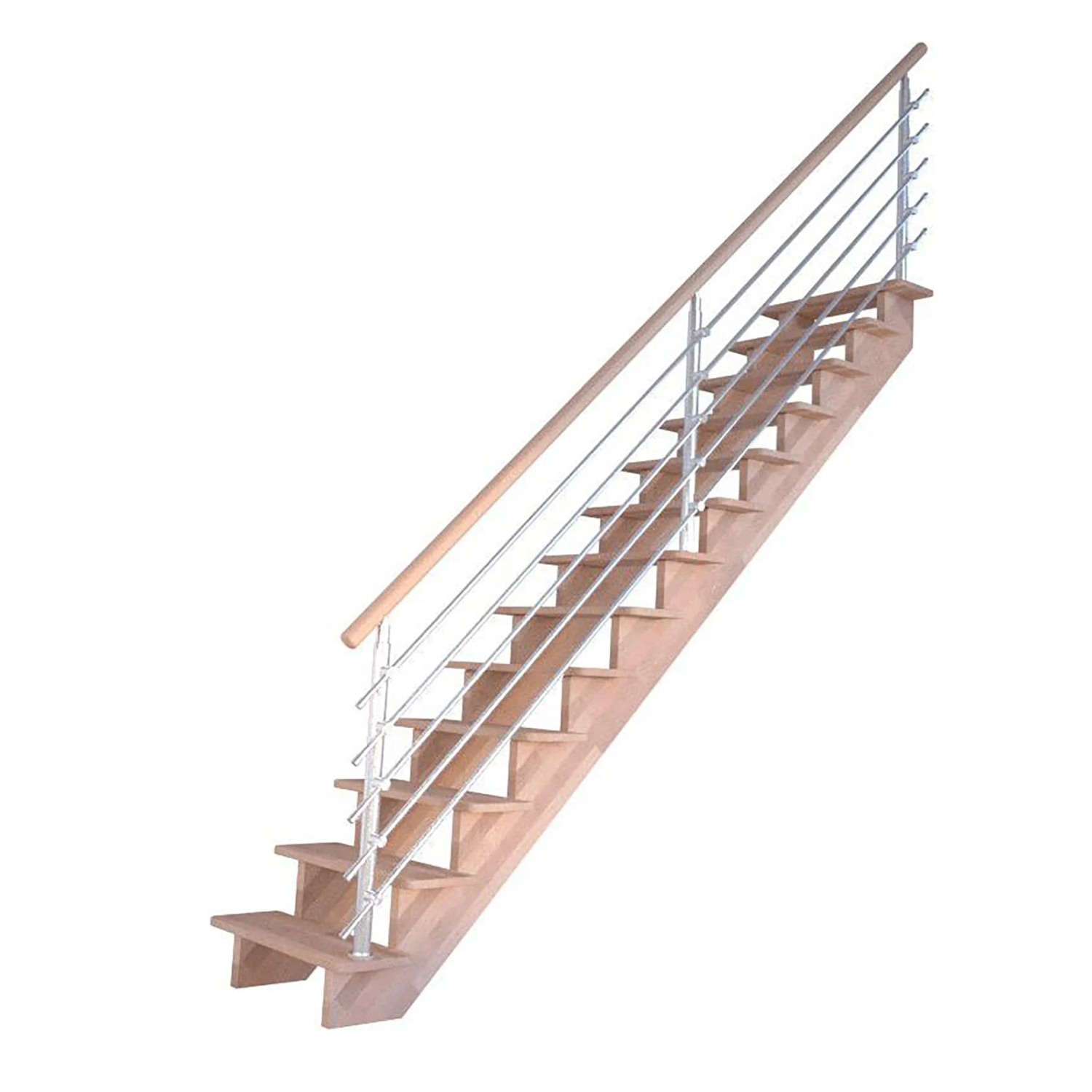 Gerade Buchenholztreppe Lindos mit Edelstahl-Designgeländer, 100 cm breit.