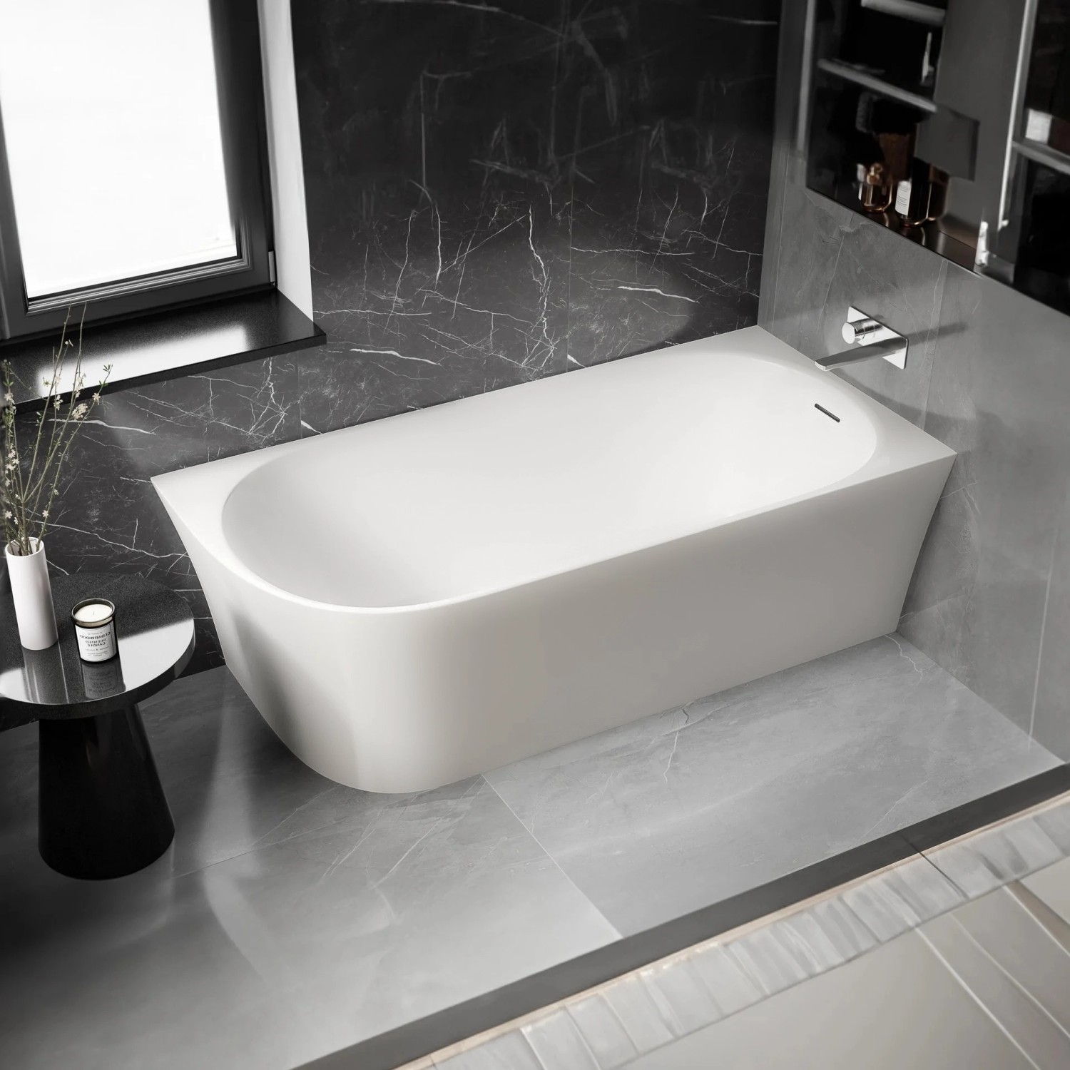 Bernstein Halb Freistehende Raumsparbadewanne NORA CORNER Acryl Weiß Matt 170x80 cm Einbau Rechts