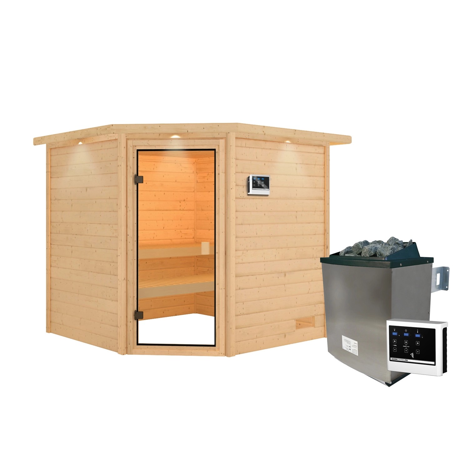 Karibu Sauna Tilda mit Kranz Set Naturbelassen mit Ofen 9 kW ext. Steuerung