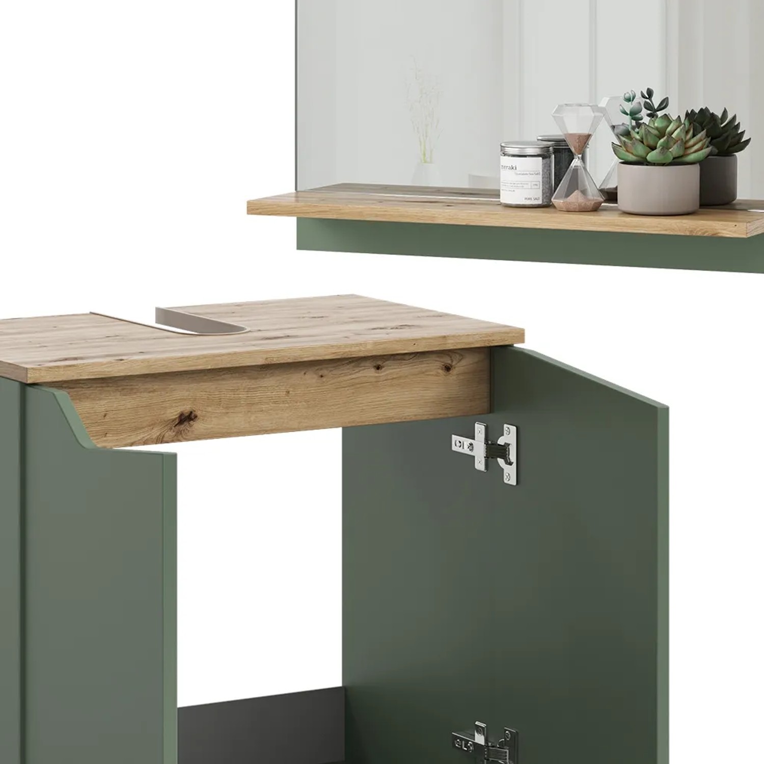 Vicco Badmöbel-Set Marelle, 3-teilig in Grün/Artisan mit Hochschrank, Detailansicht.