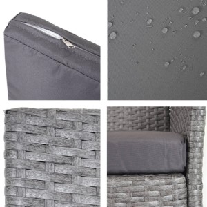 Details: Graues Poly-Rattan Geflecht, anthrazitfarbenes Kissen mit Reißverschluss, wasserabweisender Stoff. Für Gartensessel.