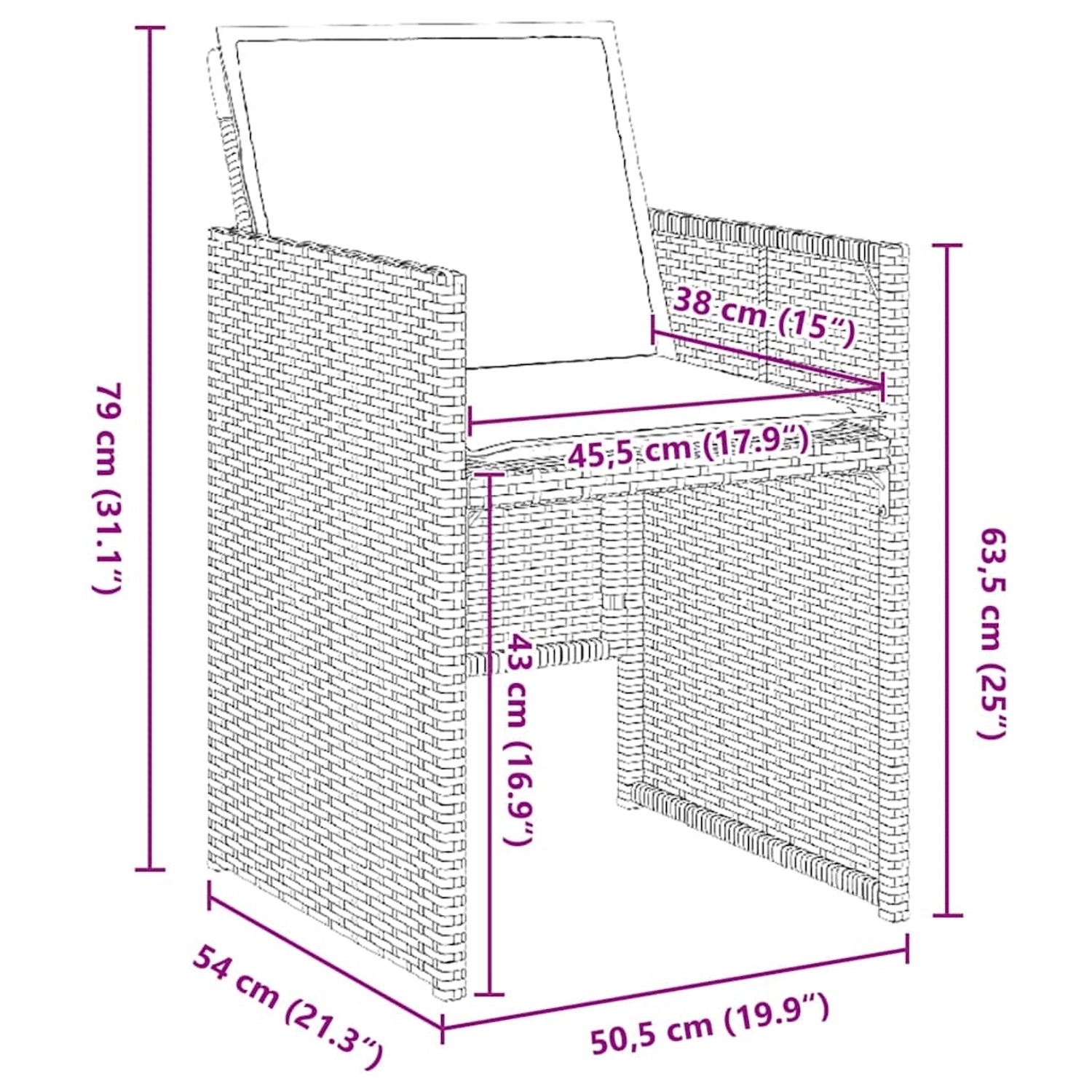 Detailansicht Gartenstuhl der vidaXL Essgruppe, schwarzes Poly Rattan, Maße eingezeichnet.