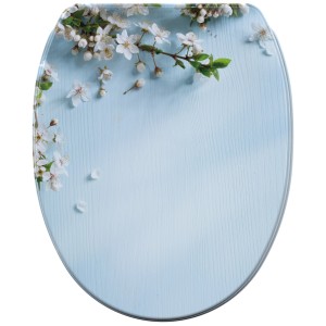 SANILO WC-Sitz Sakura mit Absenkautomatik und floralem Dekor auf hellblauem Holz.