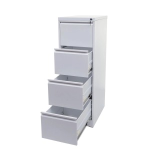 Weißer Proregal Aktenschrank aus Stahl mit 4 Schubladen, drei davon geöffnet, abschließbar. Für Hängeregister.