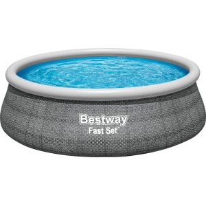 Bestway Fast Set Pool, Ø 457 cm, Schiefergrau. Quick-Up Pool mit Rattan-Optik und blauem Wasser.