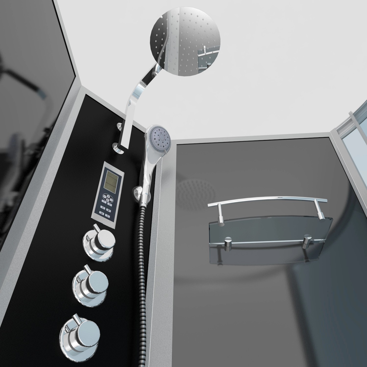 Detailaufnahme AcquaVapore Whirlpool-Duschkombination K50-L33-WP mit Regendusche und Ablage.