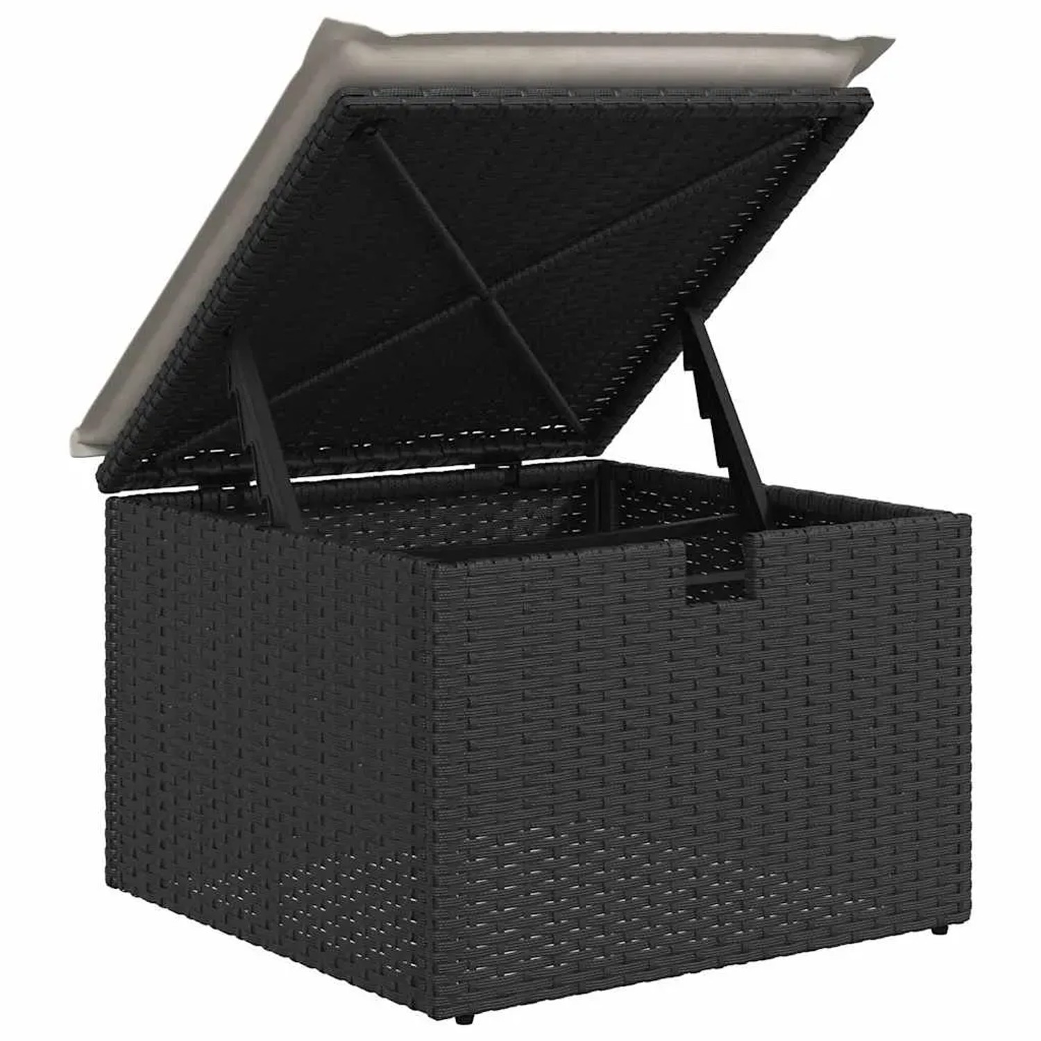 Schwarzer vidaXL Garten-Fußhocker aus Rattan mit Stauraum und geöffnetem Deckel.