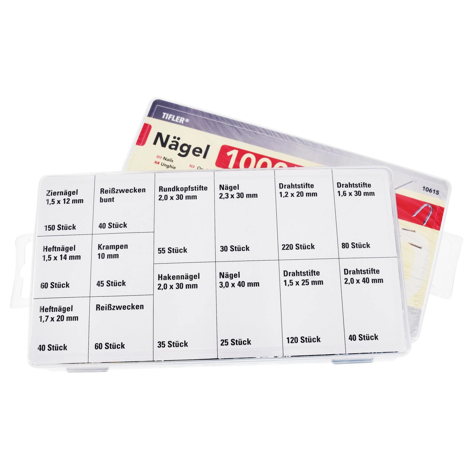 Tifler Nagel-Sortimentsbox mit 1000 Nägeln verschiedener Größen und Ausführungen.