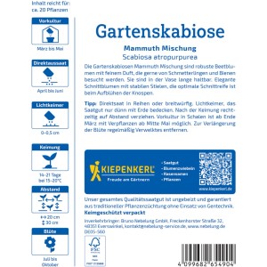 Kiepenkerl Gartenskabiose Mammuth Mischung Saatgutpackung. Blumensamen für farbenfrohe Blumenbeete.
