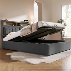 Graues Polsterbett 160x200 mit Bettkasten, USB-Ladefunktion und verstellbarem Kopfteil.