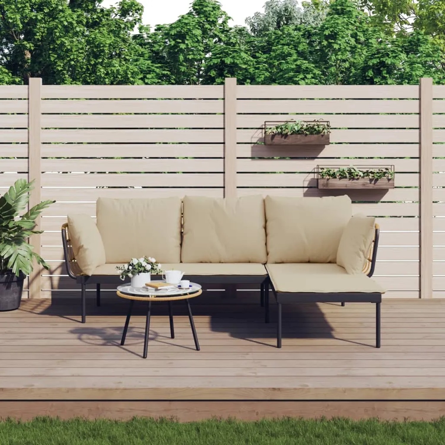 Beige vidaXL Garten Lounge Set, 3-teilig mit Kissen, Poly Rattan. Gartenmöbel für Terrasse und Garten.