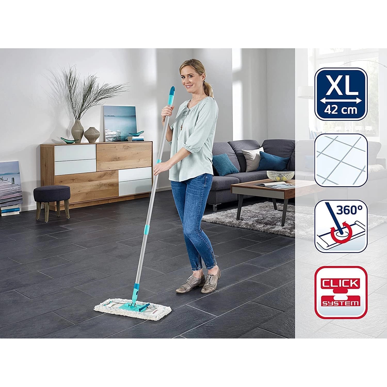 Leifheit Bodenwischer Profi XL für Fliesen und Steinböden im Einsatz, Wischbreite 42 cm.