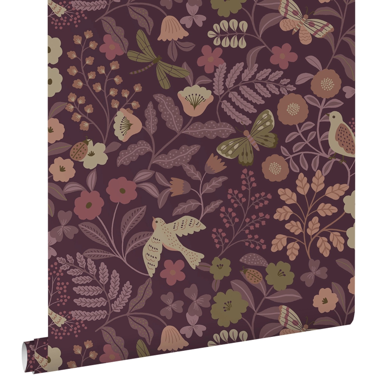 ESTAhome Tapete Blumen und Vögel Aubergineviolett 50 x 900 cm günstig online kaufen