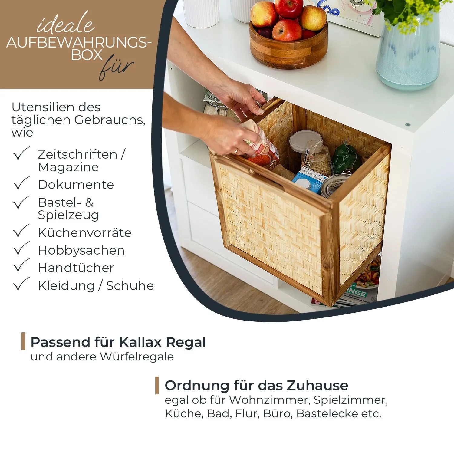 HMF 37640-M1 Aufbewahrungskorb Kallax Regale Korb Rattan Wiener Geflecht und Akazienholz Muster 1 32 x 34 x 32 cm_2