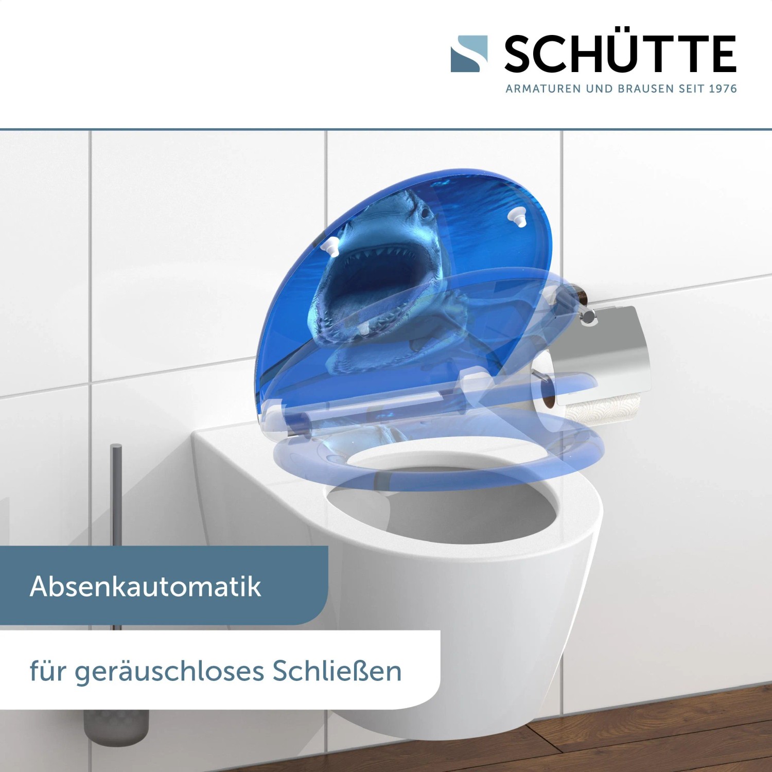 Schütte WC-Sitz Shark mit Absenkautomatik und Hai-Motiv auf einem weißen WC.