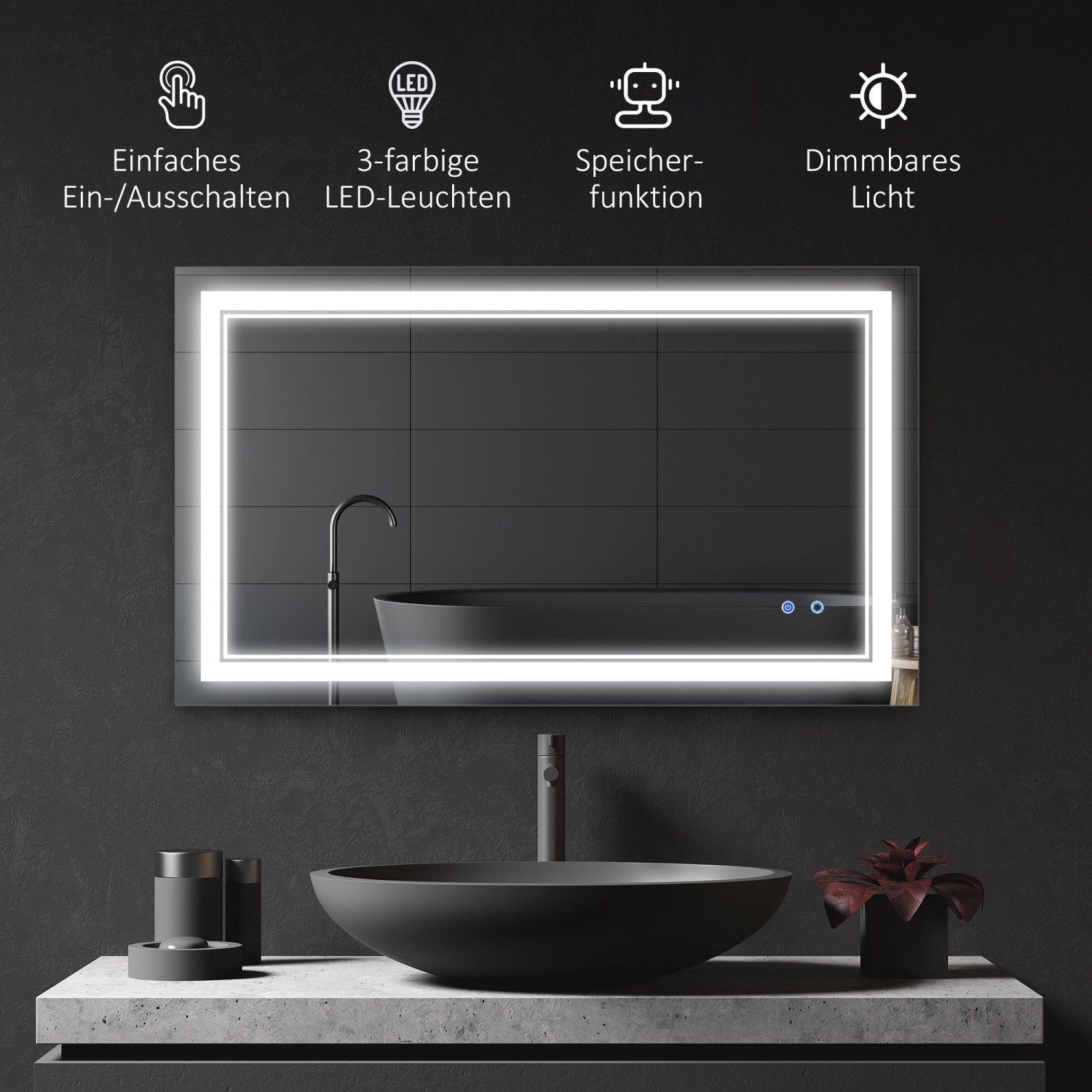 Kleankin Badspiegel mit LED-Beleuchtung und Touchschalter im modernen Badezimmer.