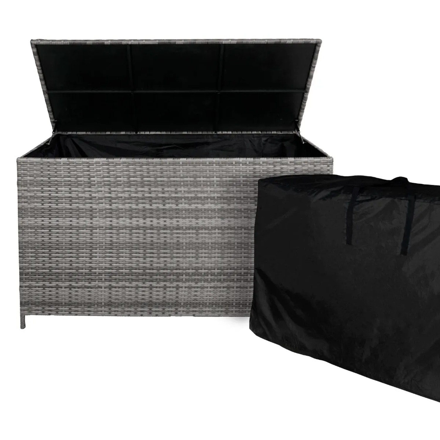 Geöffnete graue Rattan Kissenbox mit schwarzer Aufbewahrungstasche für Gartenmöbel.